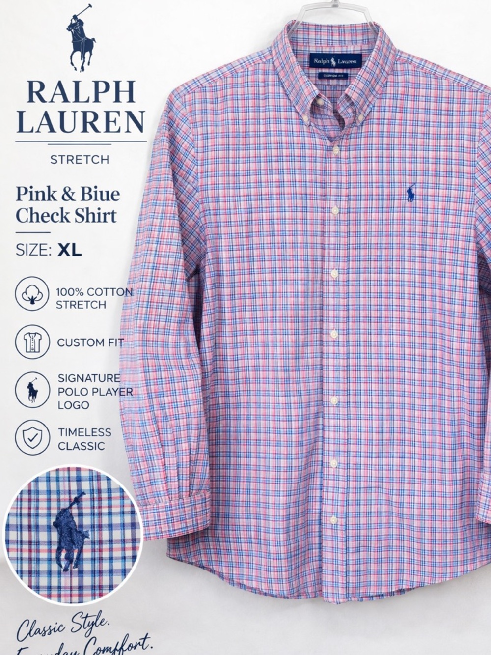Ralph Lauren Pink and Blue Plaid Check Button-Down Shirt XL Cotton Stretch